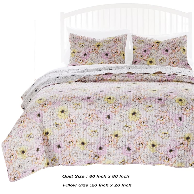 Benjara Milan 3 PC Blooming Flower Pattern Queen Quilt Set- White & Pink