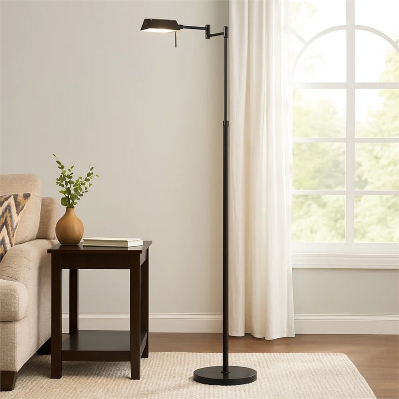Benjara 10W LED Adjustable Metal Floor Lamp with Swing Arm- Black