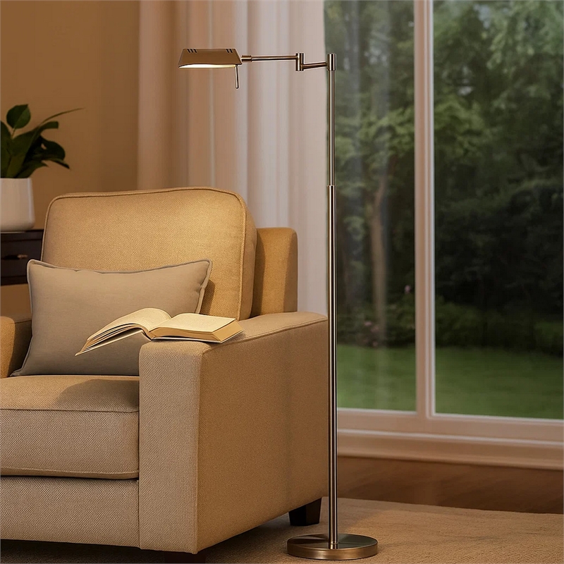 Benjara 10W LED Adjustable Metal Floor Lamp with Swing Arm- Chrome