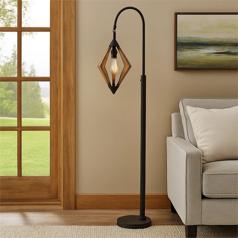Benjara Tubular Metal Downbridge Floor Lamp with Wooden Accents- Black