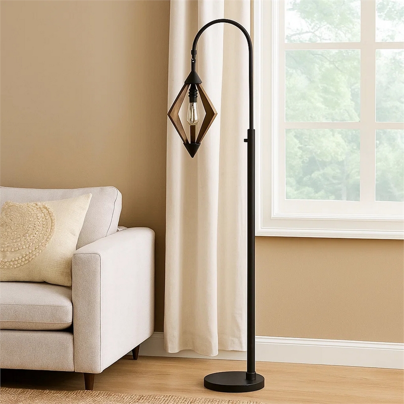 Benjara Tubular Metal Downbridge Floor Lamp with Wooden Accents- Black