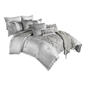 Benjara 12 Piece Queen Comforter Set with Medallion Print- Platinum Gray