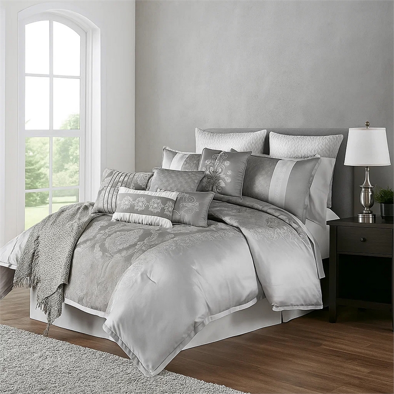 Benjara 12 Piece Queen Comforter Set with Medallion Print- Platinum Gray