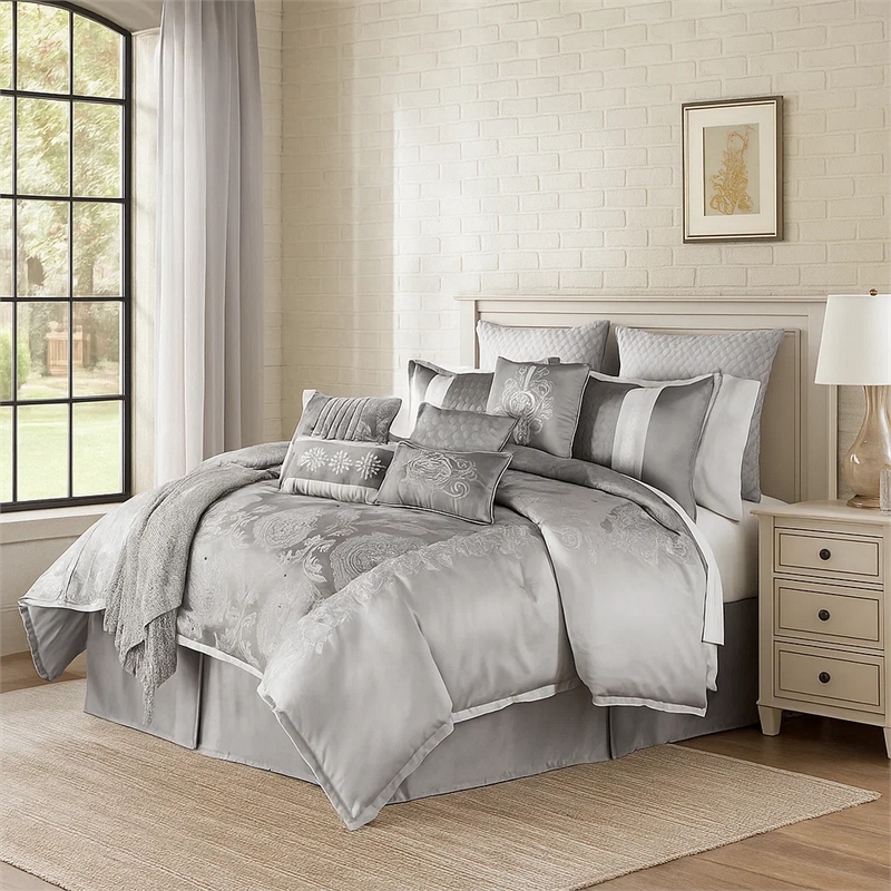 Benjara 12 Piece Queen Comforter Set with Medallion Print- Platinum Gray