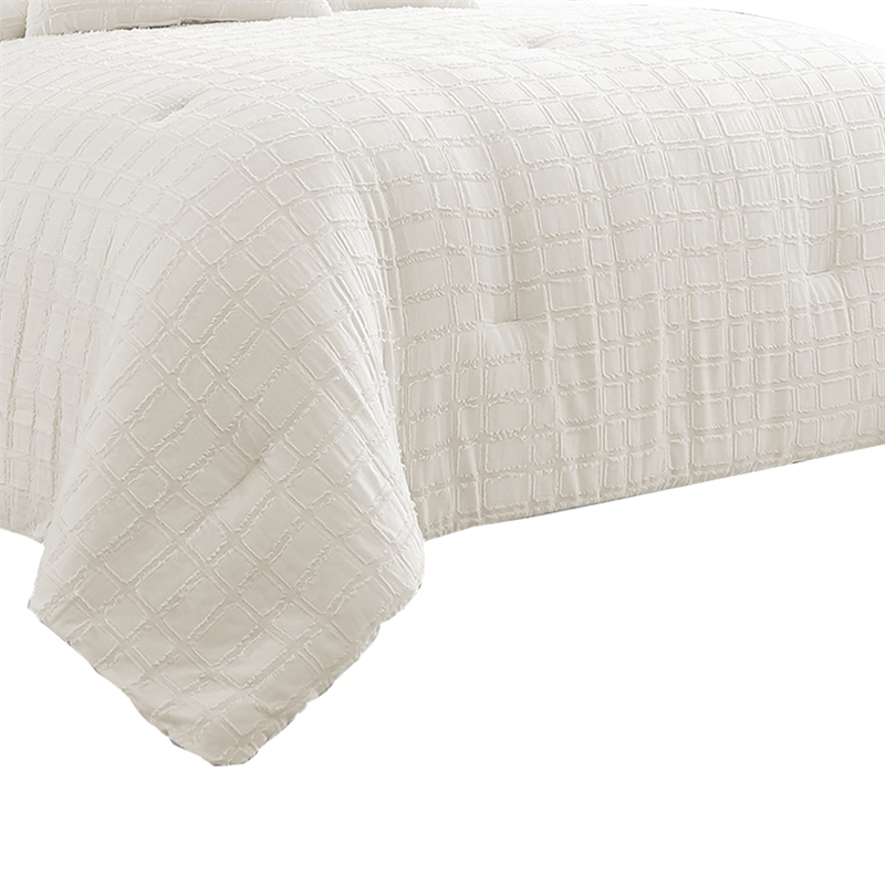 Benjara 7 Piece Cotton Queen Comforter Set with Fringe Details- White