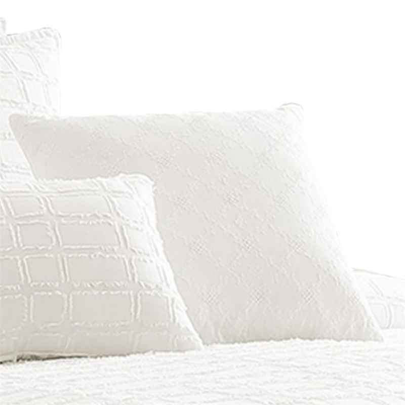Benjara 7 Piece Cotton Queen Comforter Set with Fringe Details- White