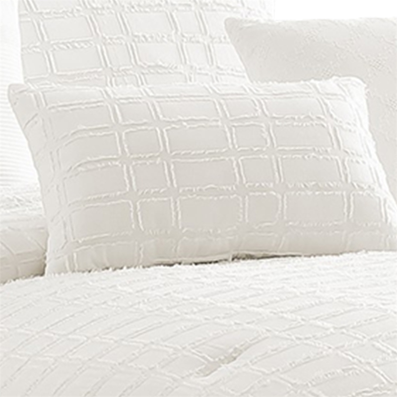 Benjara 7 Piece Cotton Queen Comforter Set with Fringe Details- White