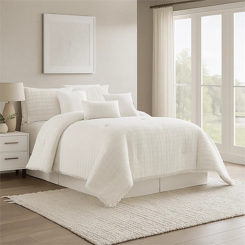 Benjara 7 Piece Cotton Queen Comforter Set with Fringe Details- White