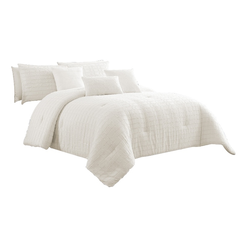 Benjara 7 Piece Cotton Queen Comforter Set with Fringe Details- White