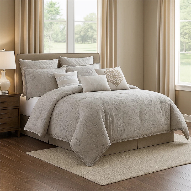 Benjara 10 Piece King Cotton Comforter Set with Textured Floral Print- Gray