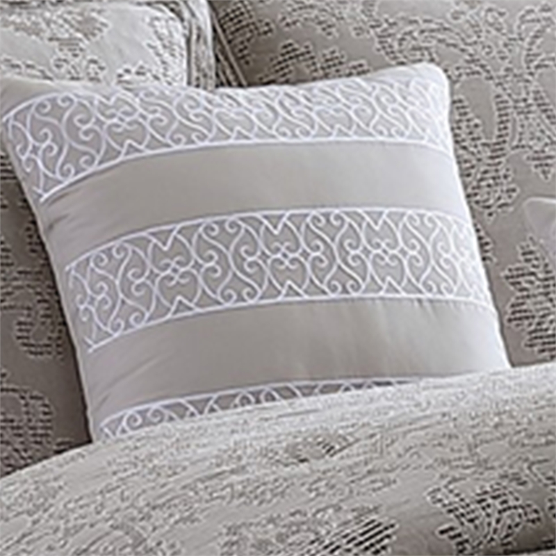 Benjara 10 Piece King Cotton Comforter Set with Textured Floral Print- Gray