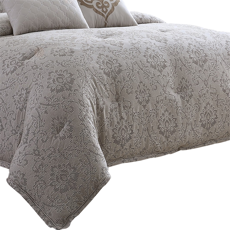 Benjara 10 Piece King Cotton Comforter Set with Textured Floral Print- Gray