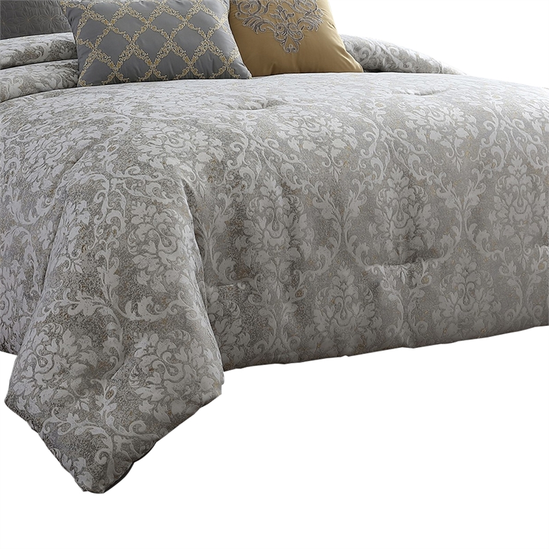 Benjara 9 Piece King Polyester Comforter Set with Medallion Print- Gray and Gold