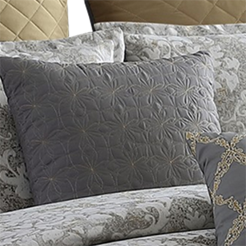 Benjara 9 Piece King Polyester Comforter Set with Medallion Print- Gray and Gold