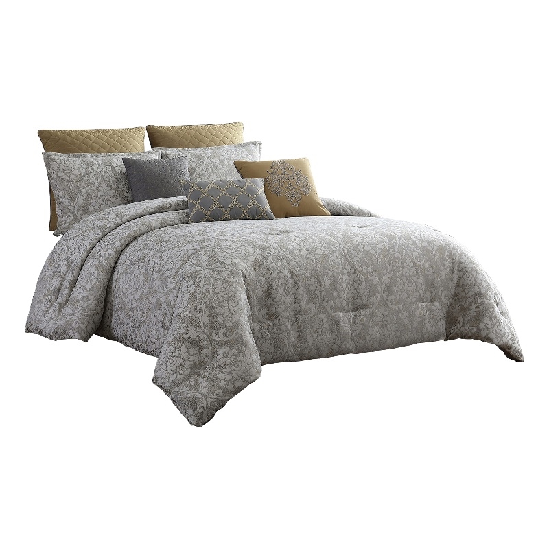Benjara 9 Piece King Polyester Comforter Set with Medallion Print- Gray and Gold