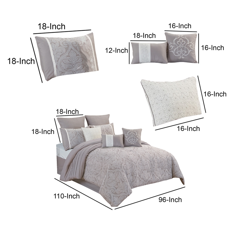 Benjara King Size 10 Piece Fabric Comforter Set with Medallion Prints- White