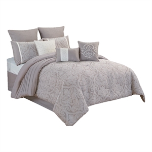 Benjara King Size 10 Piece Fabric Comforter Set with Medallion Prints- White