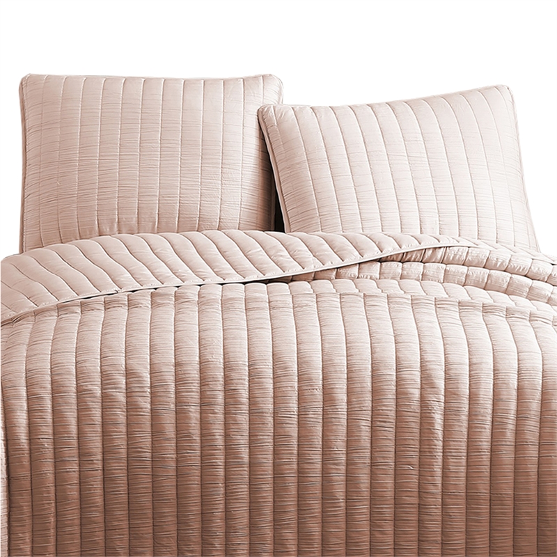 Benjara 3 Piece Crinkles Queen Size Coverlet Set with Vertical Stitching- Pink