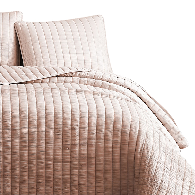 Benjara 3 Piece Crinkles Queen Size Coverlet Set with Vertical Stitching- Pink