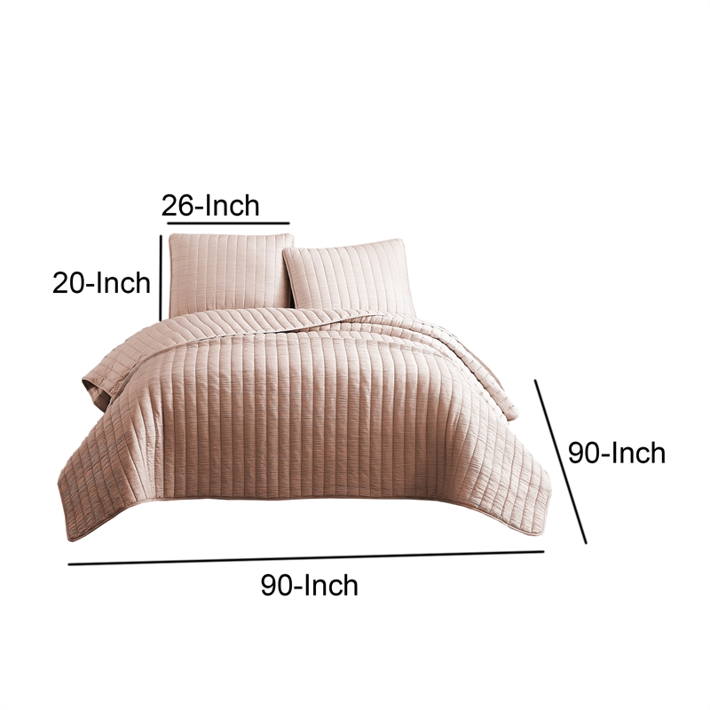 Benjara 3 Piece Crinkles Queen Size Coverlet Set with Vertical Stitching- Pink