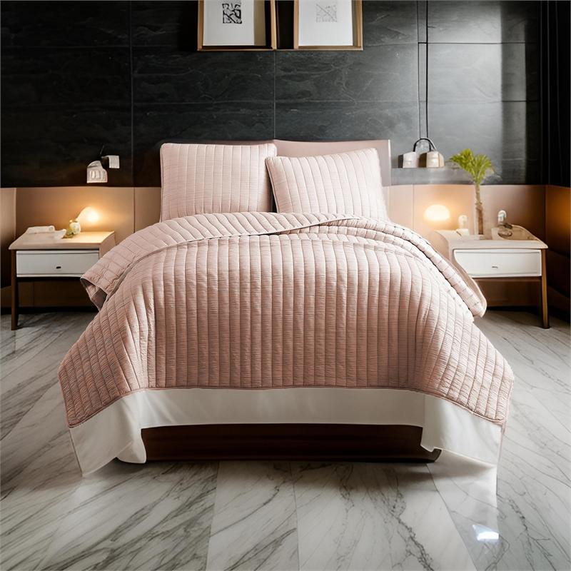 Benjara 3 Piece Crinkles Queen Size Coverlet Set with Vertical Stitching- Pink