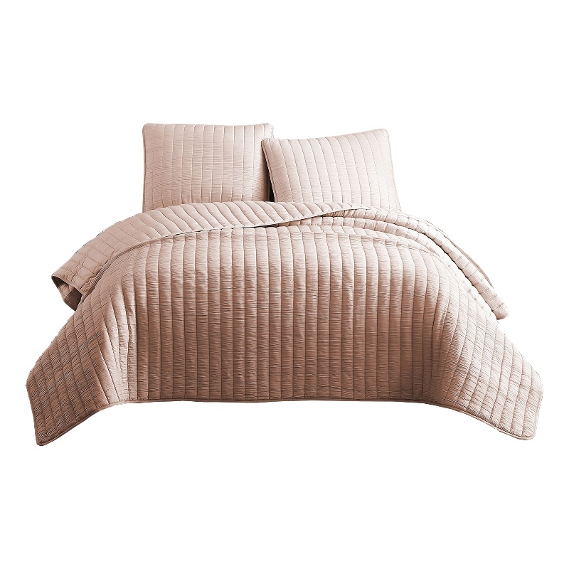 Benjara 3 Piece Crinkles Queen Size Coverlet Set with Vertical Stitching- Pink