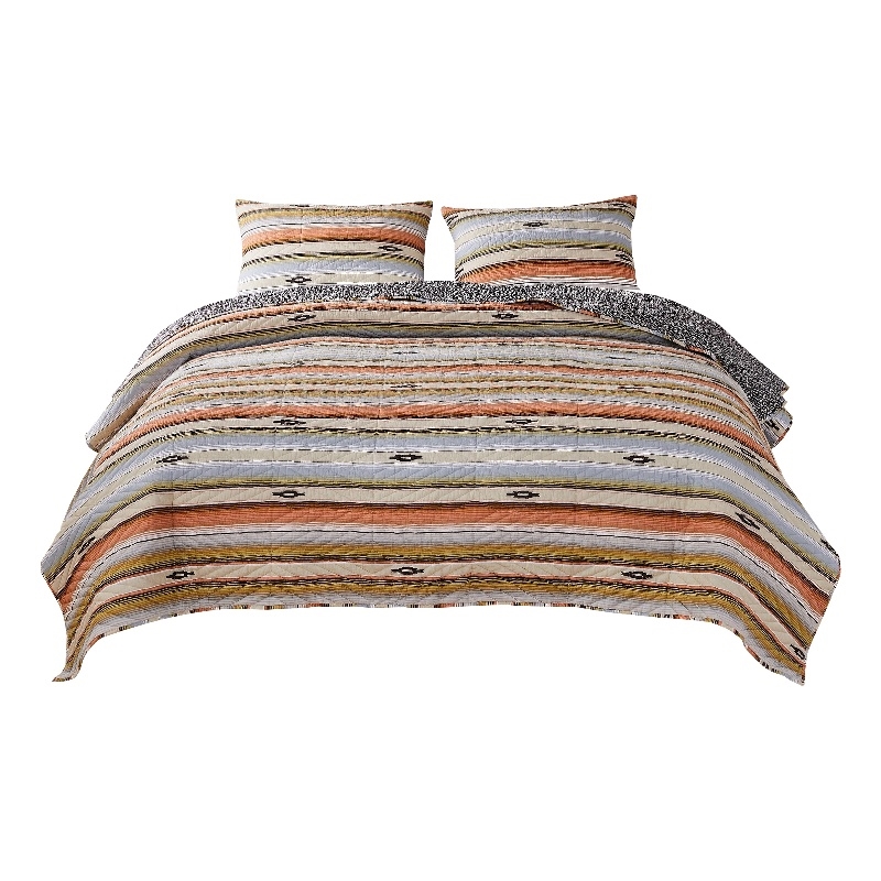 Benjara 3 Piece Microfiber King Size Quilt Set with Chevron Print- Multicolor