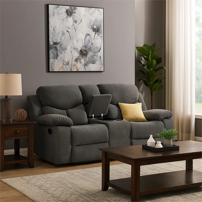 Benjara Fabric Wrapped Motion Loveseat with Storage Console- Gray