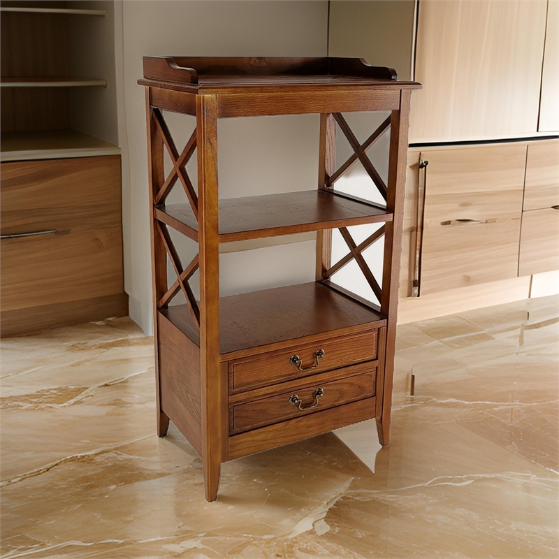 Benjara X Frame Wooden Rack with 2 Drawers and Open Shelf- Brown