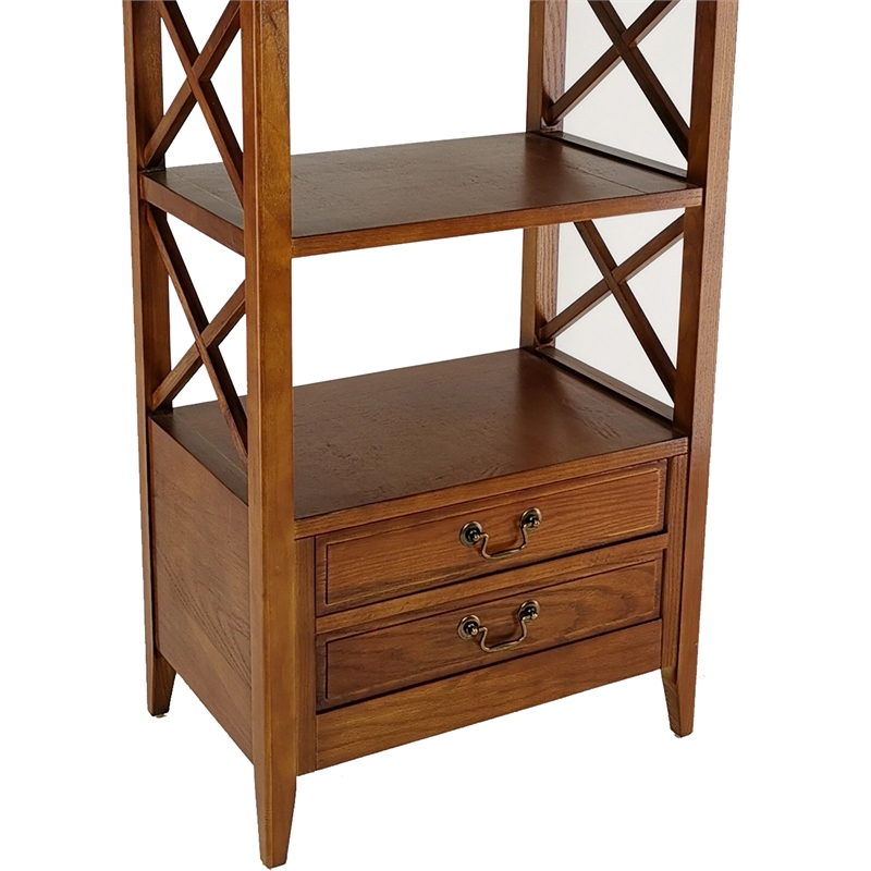 Benjara X Frame Wooden Rack with 2 Drawers and Open Shelf- Brown