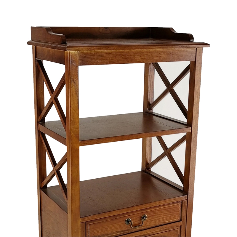 Benjara X Frame Wooden Rack with 2 Drawers and Open Shelf- Brown