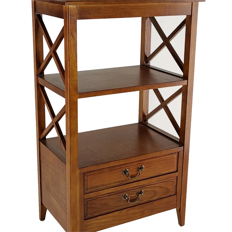 Benjara X Frame Wooden Rack with 2 Drawers and Open Shelf- Brown