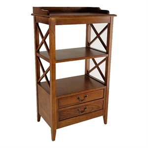 Benjara X Frame Wooden Rack with 2 Drawers and Open Shelf- Brown