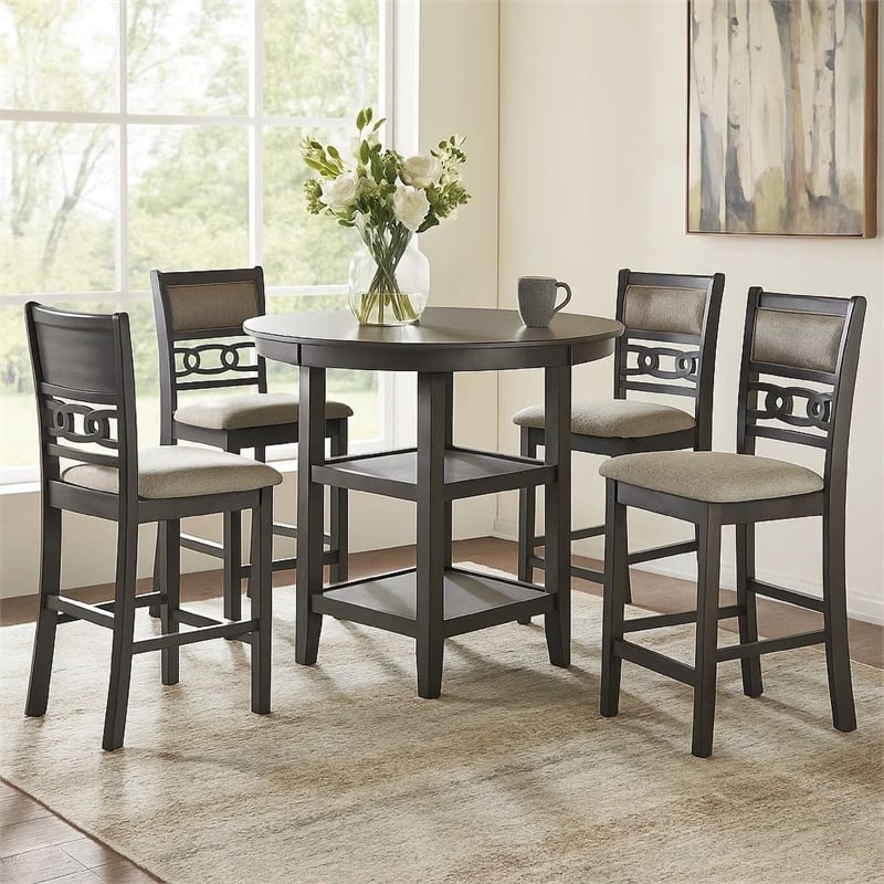 Benjara 5 Piece Counter Height Table with Open Geometric Back Chairs- Gray