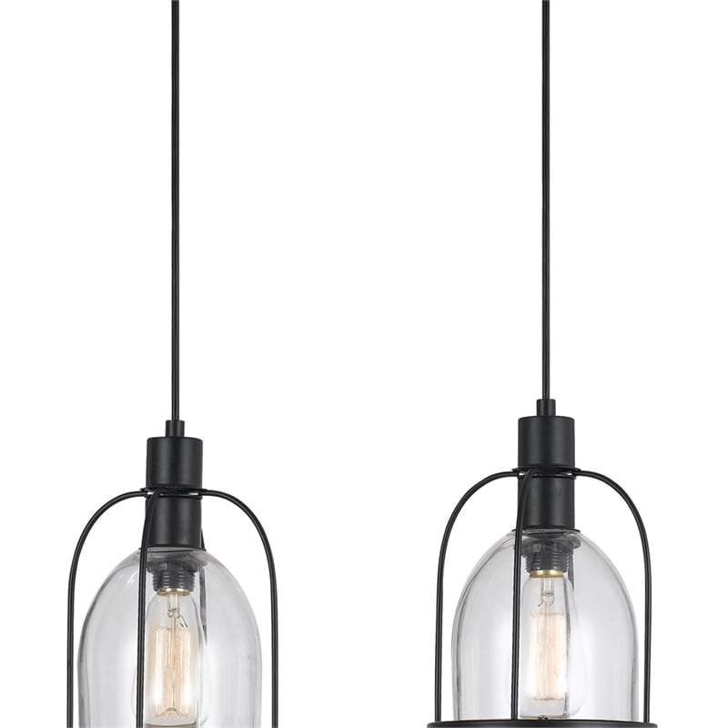 Benjara Metal Pendant Fixture with 4 Lantern Design Glass Shade- Black and Clear