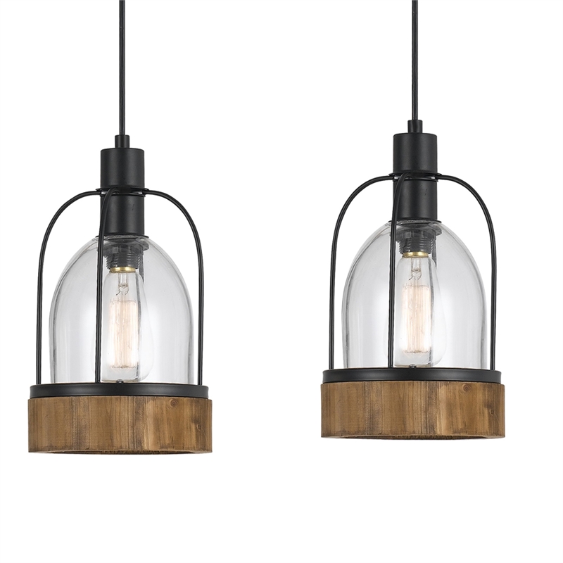 Benjara Metal Pendant Fixture with 4 Lantern Design Glass Shade- Black and Clear