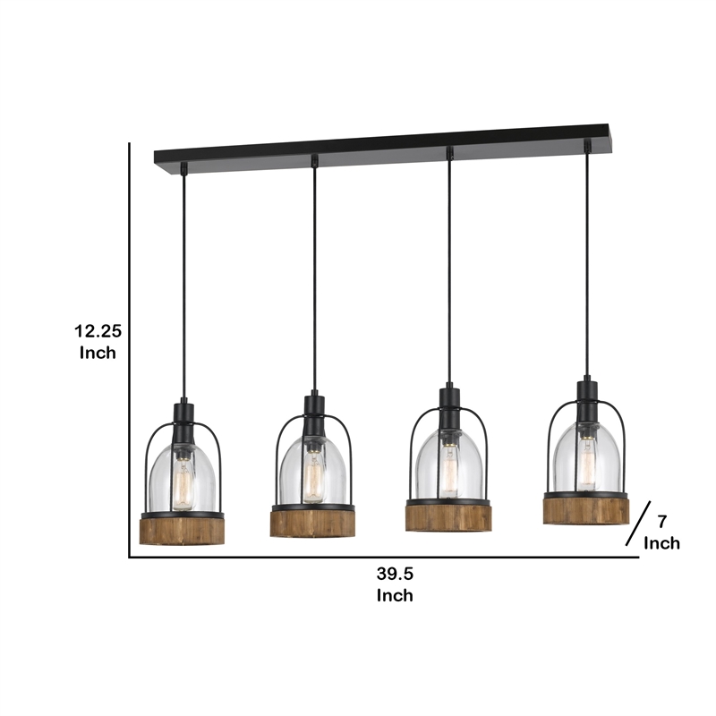 Benjara Metal Pendant Fixture with 4 Lantern Design Glass Shade- Black and Clear