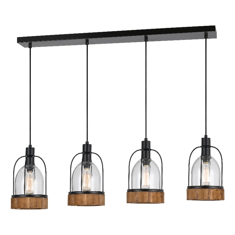 Benjara Metal Pendant Fixture with 4 Lantern Design Glass Shade- Black and Clear