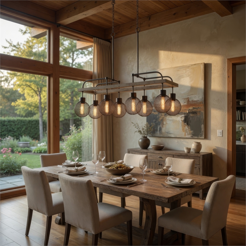 Benjara 8 Bulb Chandelier with Wooden Frame & Metal Orb Shades- Brown & Black
