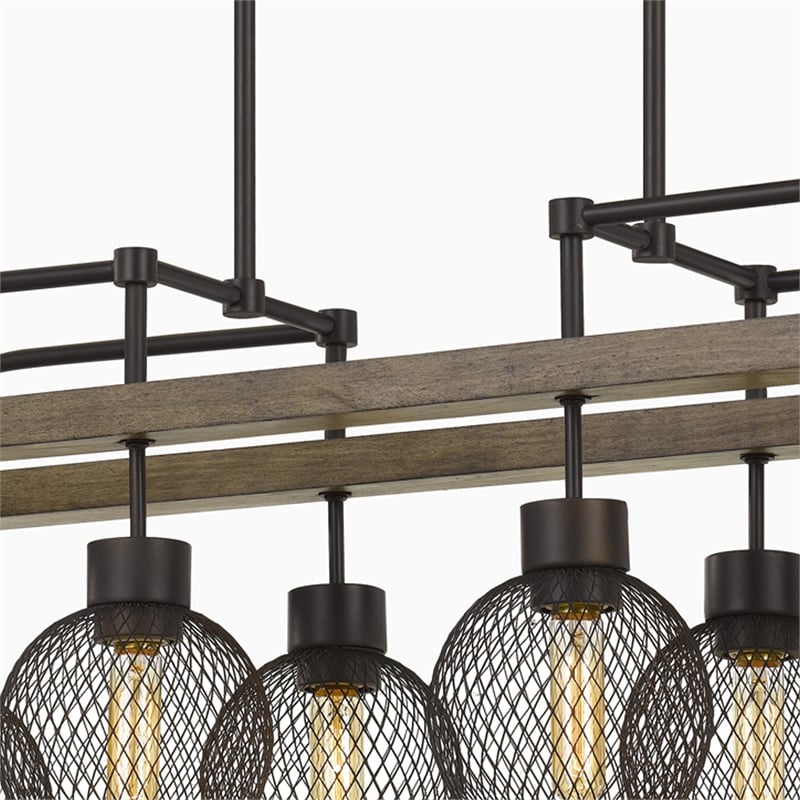 Benjara 8 Bulb Chandelier with Wooden Frame & Metal Orb Shades- Brown & Black