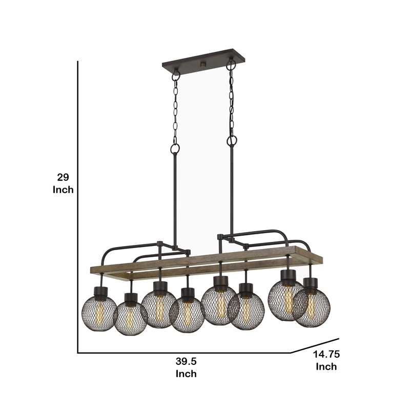 Benjara 8 Bulb Chandelier with Wooden Frame & Metal Orb Shades- Brown & Black