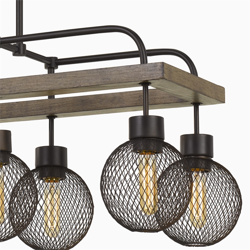 Benjara 8 Bulb Chandelier with Wooden Frame & Metal Orb Shades- Brown & Black
