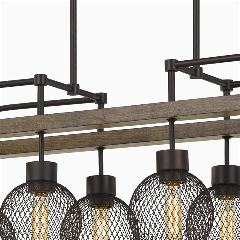 Benjara 8 Bulb Chandelier with Wooden Frame & Metal Orb Shades- Brown & Black