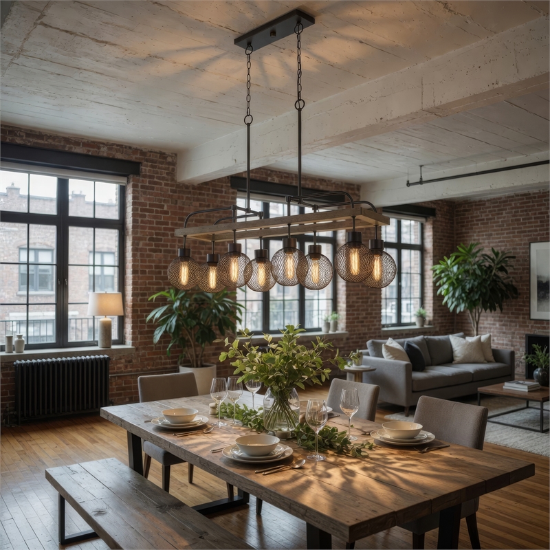 Benjara 8 Bulb Chandelier with Wooden Frame & Metal Orb Shades- Brown & Black