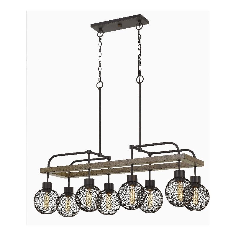 Benjara 8 Bulb Chandelier with Wooden Frame & Metal Orb Shades- Brown & Black