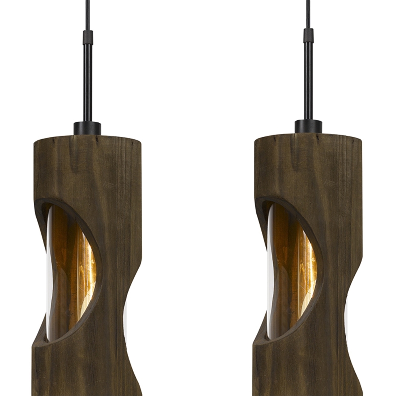 Benjara 4 Light Metal Frame Pendant Fixture with Wooden and Glass Shades- Brown