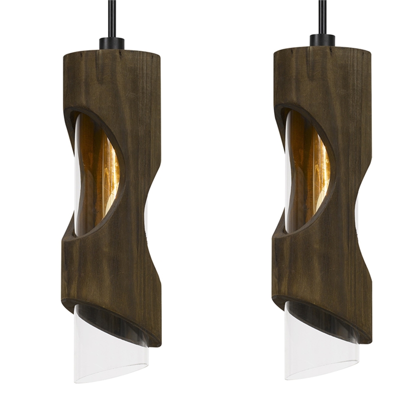 Benjara 4 Light Metal Frame Pendant Fixture with Wooden and Glass Shades- Brown