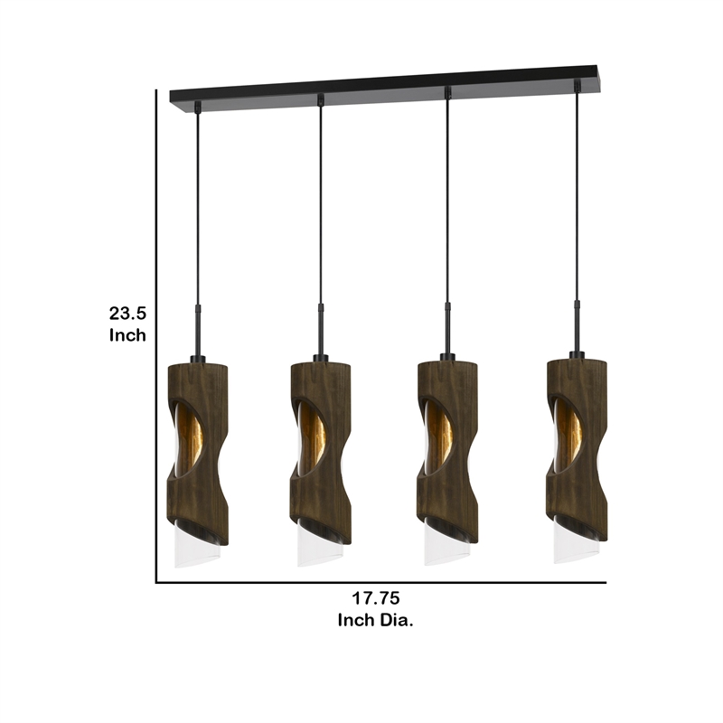 Benjara 4 Light Metal Frame Pendant Fixture with Wooden and Glass Shades- Brown