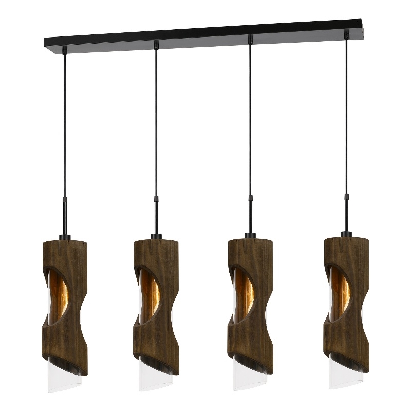 Benjara 4 Light Metal Frame Pendant Fixture with Wooden and Glass Shades- Brown