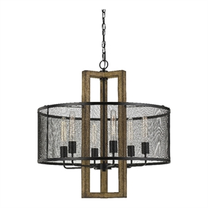 Benjara 60 X 6 Wooden Chandelier with Round Metal Mesh Shade- Black and Brown